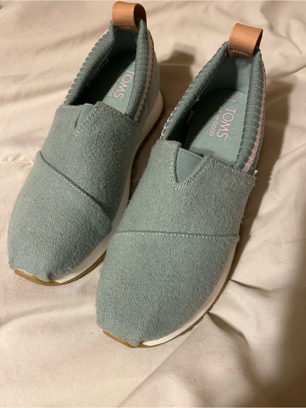 TOMS Slip-On Sneakers in Sage Green with Pink Heel Trim